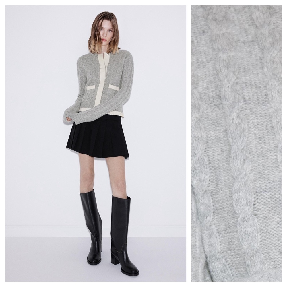 NWT. Zara Grey 100% Wool Cable-Knit Cardigan with Trims. Size L. - Picture 2 of 12